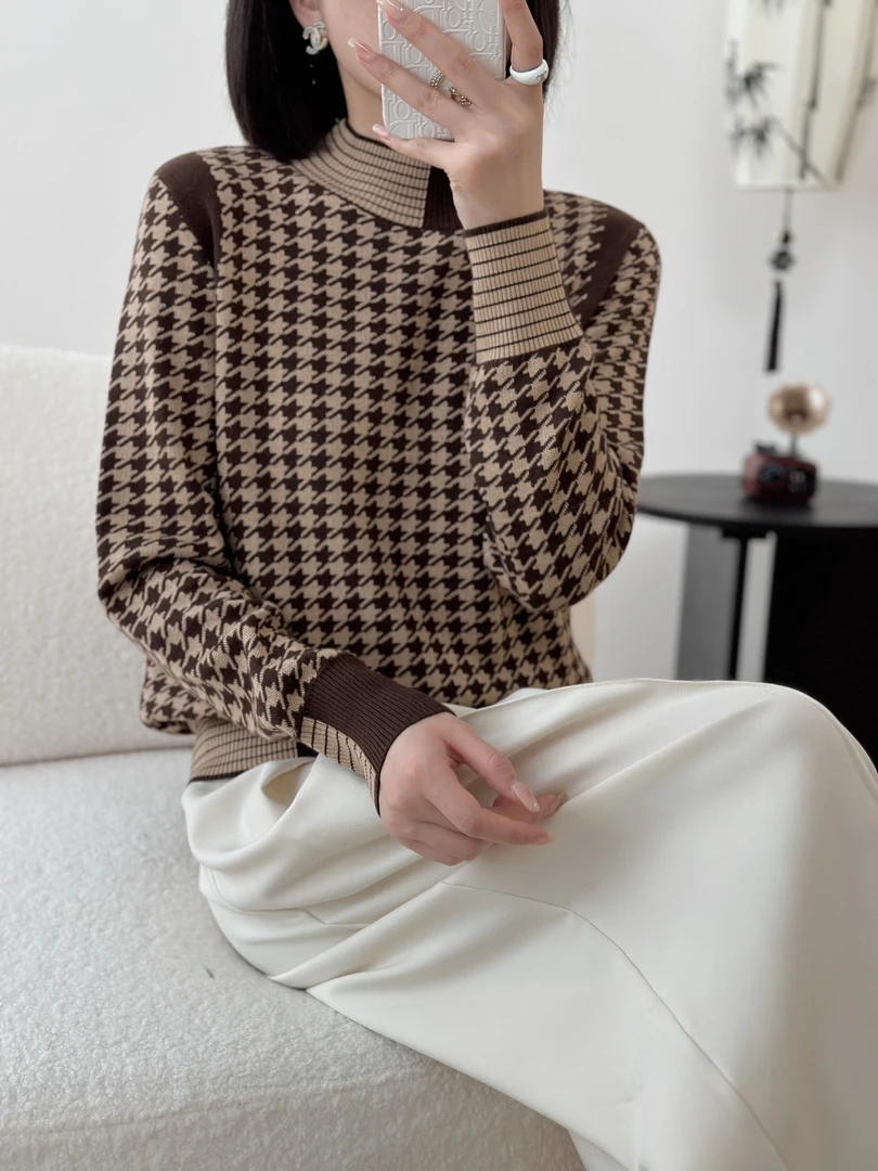 花花/3828-高级感气质千鸟格毛衣针织打底衫【优选】