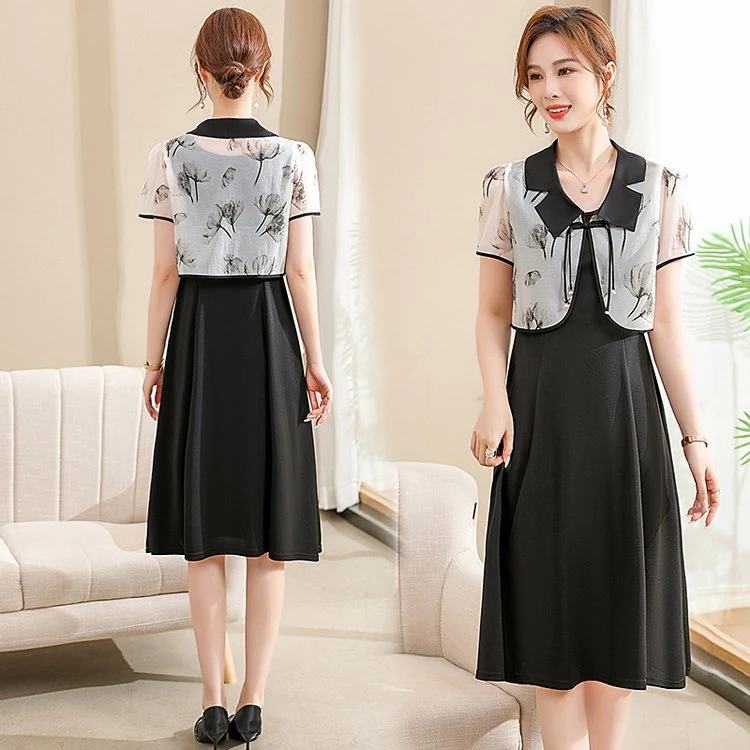 中国风女装套装新中式开衫遮肉显瘦黑色雪纺减龄连衣裙两件套夏季