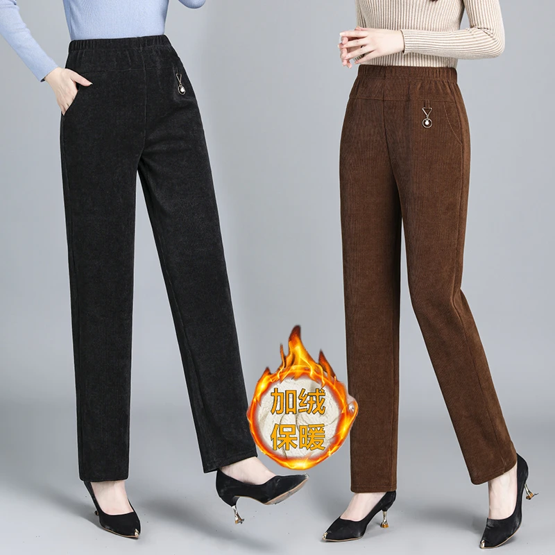 中老年人裤子灯芯绒秋冬女士直筒休闲裤加绒加厚雪尼尔宽松条绒裤