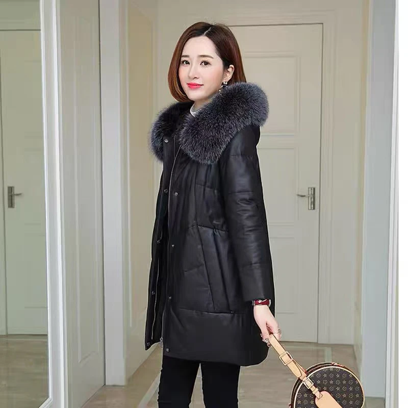 海宁真皮女中长款绵羊皮狐狸连帽脱卸毛领加厚外套2810