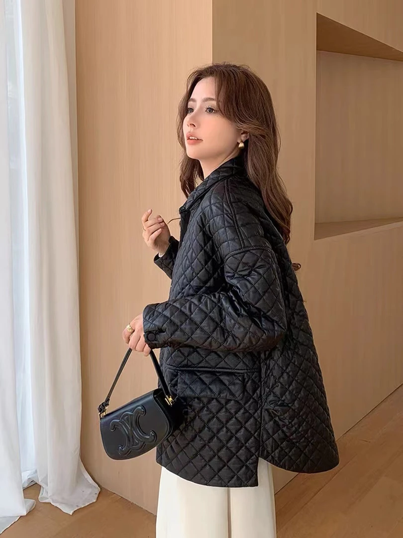 漫莎真皮皮衣黑色菱形格女中长款宽松百搭绵羊皮加棉皮衣外套2320