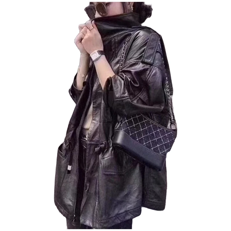 漫莎真皮绵羊皮韩版方领中长宽松百搭风衣九分袖女装外套6612