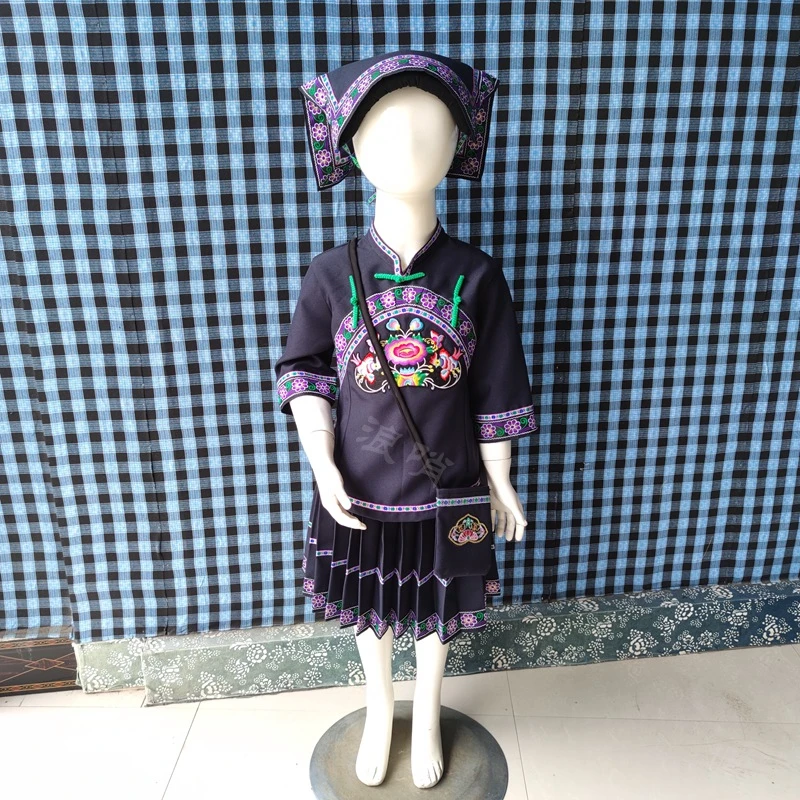 贵州布依民族服饰女装套装外套藏青色花边款舞台装演出服2023新款