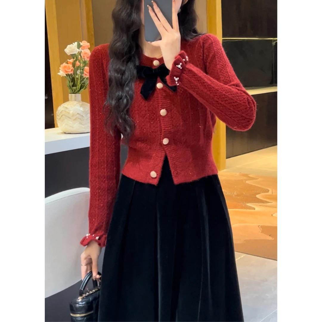YUANLIANSU/圆脸酥【圣诞甜酒】新款红色毛衣女蝴蝶结针织开衫毛衣
