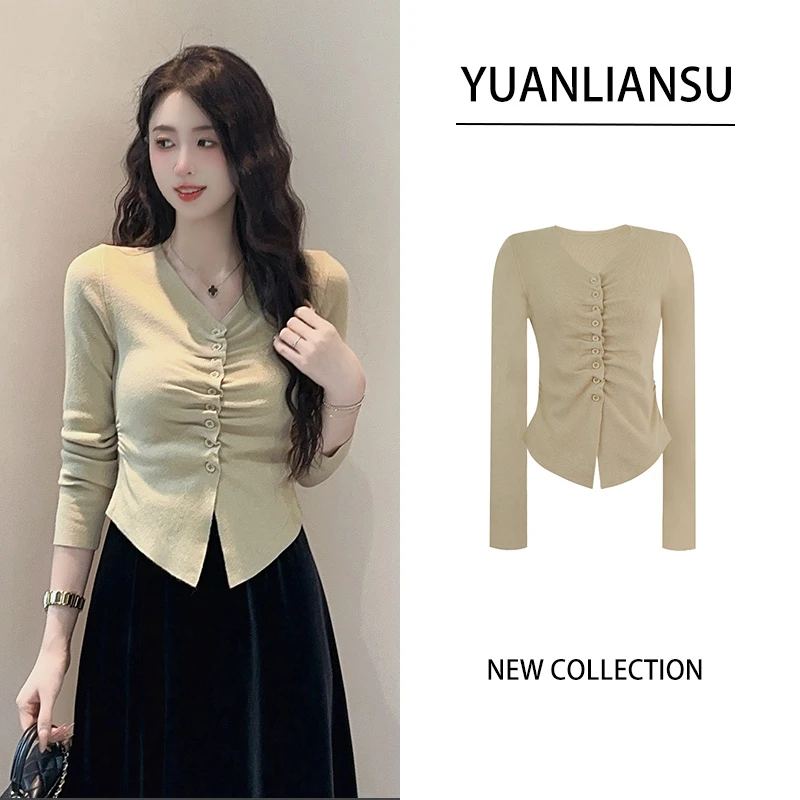 【现货】【鱼不羡朝夕】打底新款设计感单排扣V领针织衫女