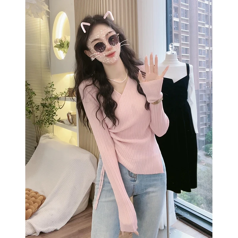 YUANLIANSU/圆脸酥早秋设计感小众不规则内搭抽绳长袖针织衫上衣