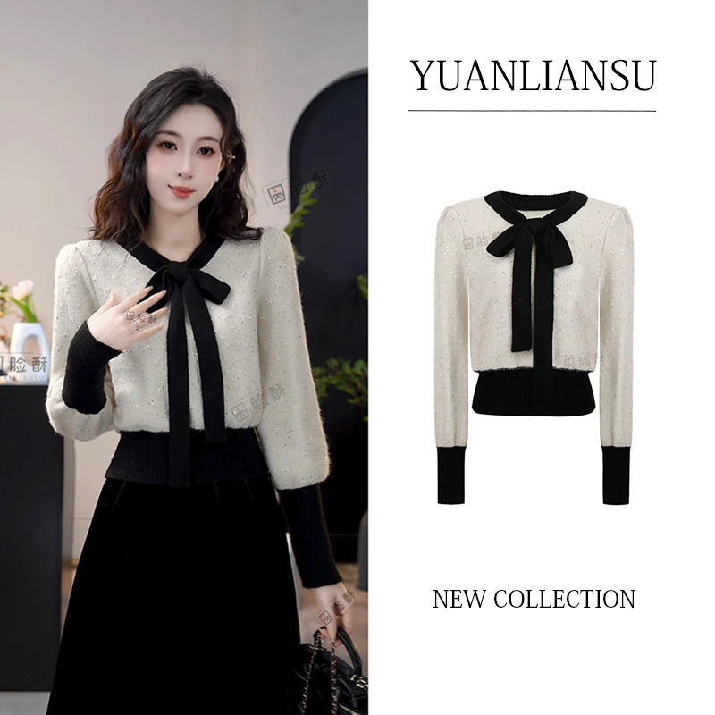 【现货】【甜杏奶芙】秋冬法式甜美小香风蝴蝶结拼色毛衣