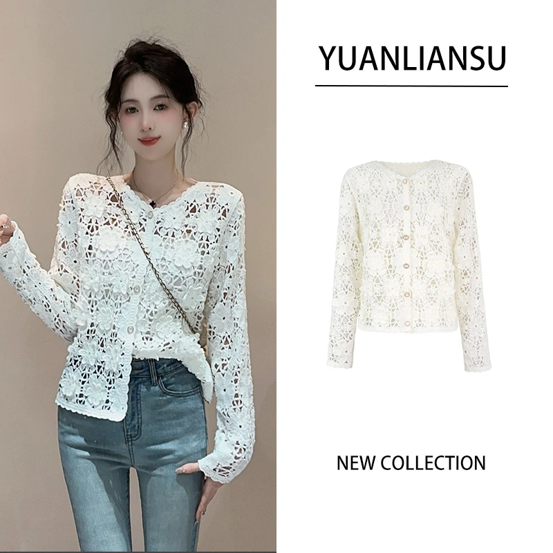 YUANLIANSU/圆脸酥【千秋落暮】法式独特钩花镂空V领针织衫上衣女