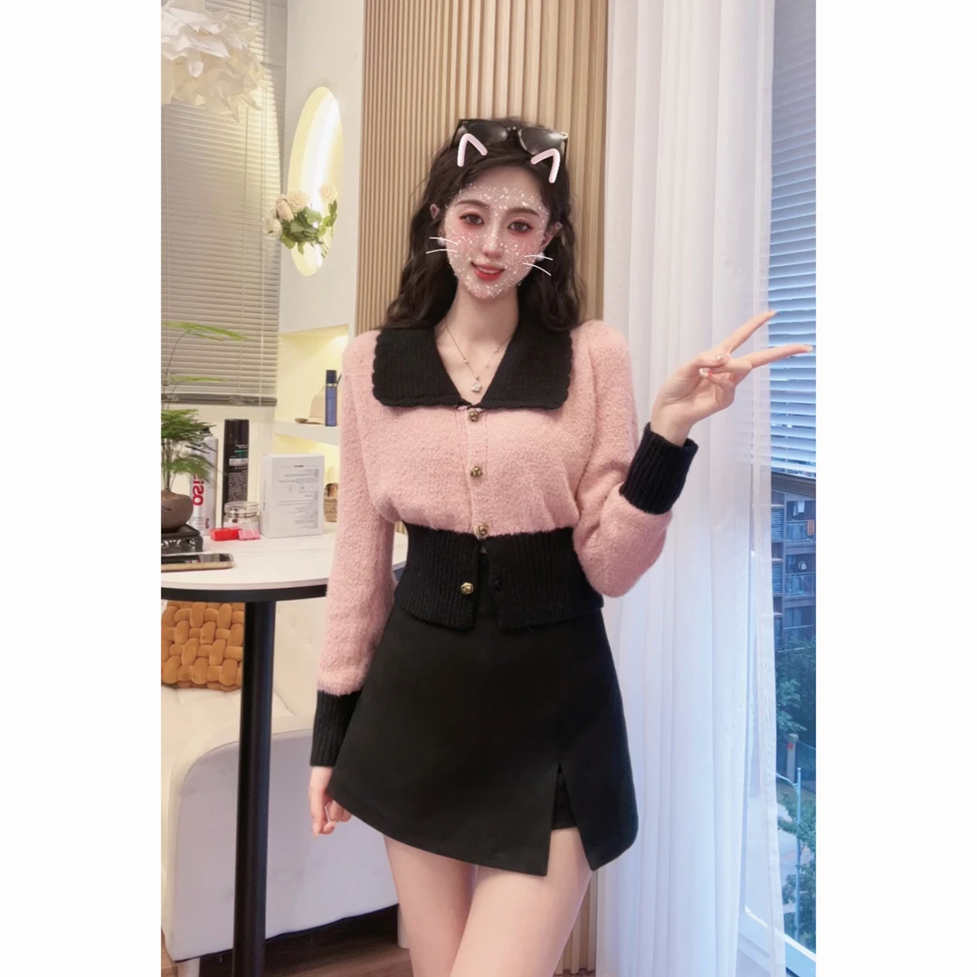 YUANLIANSU/圆脸酥【薄荷桃汁】2023秋新款温柔气质撞色翻领针织衫