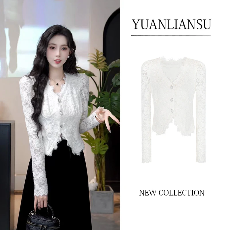【青苍】秋冬时尚气质小香风V领显瘦蕾丝衫女