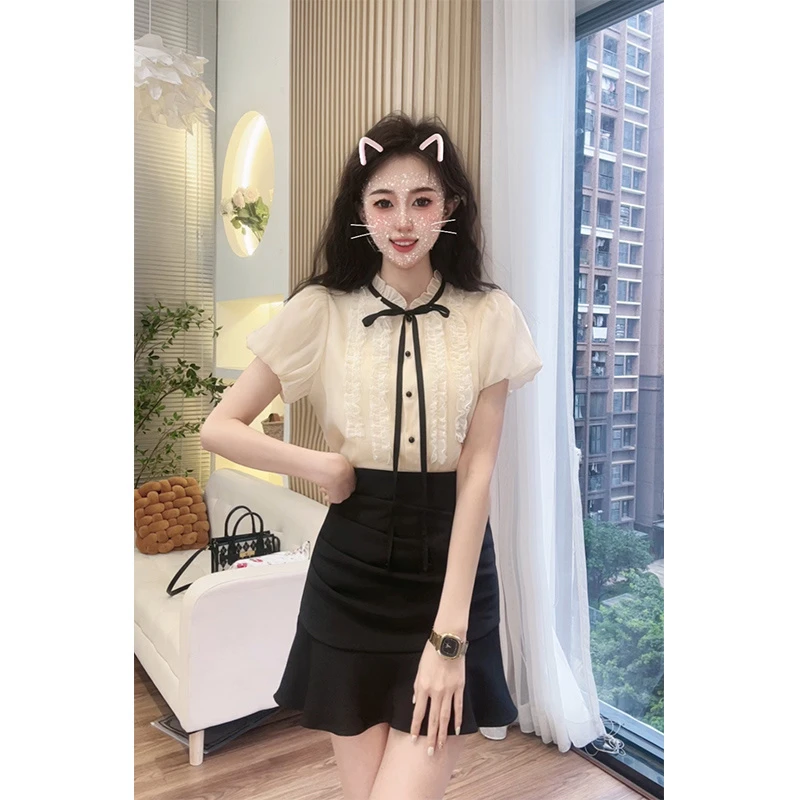 【千金小姐】甜美木耳花边立领短袖衬衫夏季新款法式蝴蝶结系带上衣