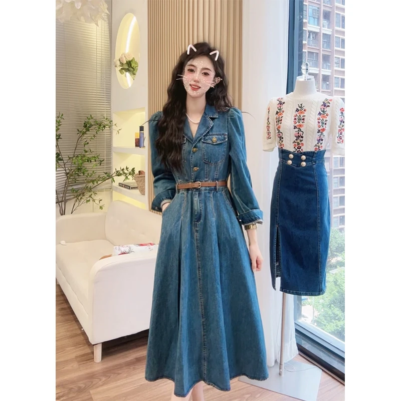 YUANLIANSU/圆脸酥新款时尚复古洋气西装领单排扣牛仔连衣裙女