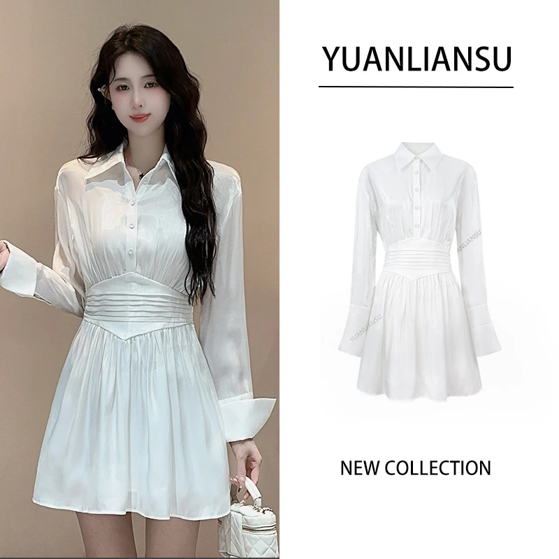 【现货】【长安落日】法式气质白色收腰长袖衬衫连衣裙女