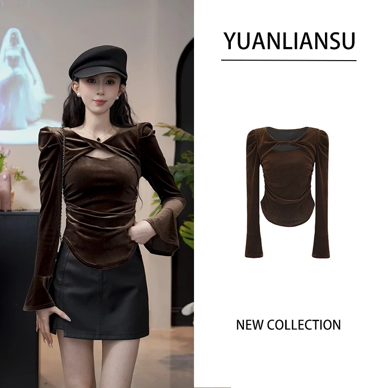 YUANLIANSU/圆脸酥【青苍】秋季新款长袖丝绒上衣修身小衫T恤68066