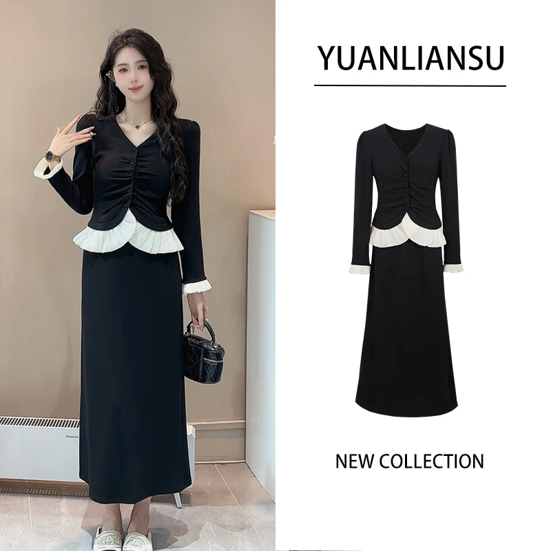 YUANLIANSU/圆脸酥【晚风歌谣】法式小香风V领上衣+半身裙两件套女