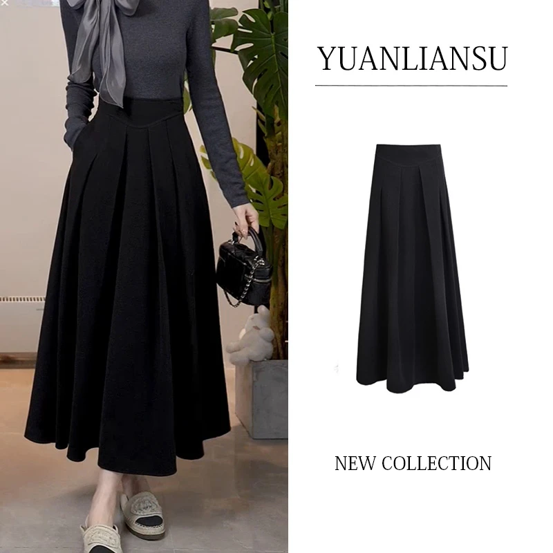 YUANLIANSU/圆脸酥【南筏】秋冬时尚高腰垂感A字大摆伞中长款裙子