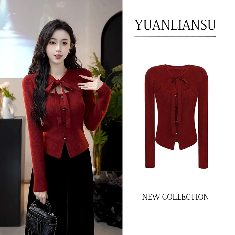 【现货】【风吹过海】秋冬红色小香风假两件蝴蝶结针织衫