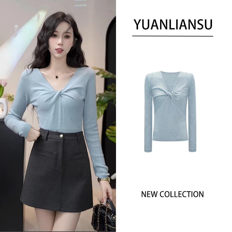 YUANLIANSU/圆脸酥【南絮蓝枕】法式温柔风气质时尚V领显瘦针织衫女