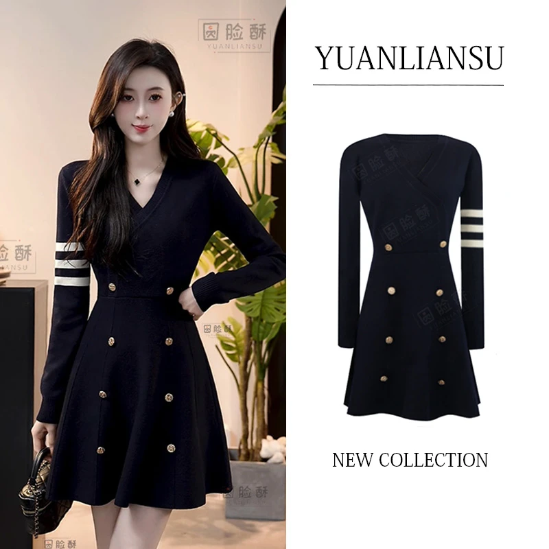 YUANLIANSU/圆脸酥【远谷暮光】小香风高级感V领双排扣针织连衣裙女
