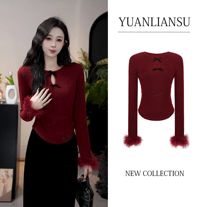 【现货】【奶芙草莓】秋冬纯欲风蝴蝶结修身显瘦针织衫女