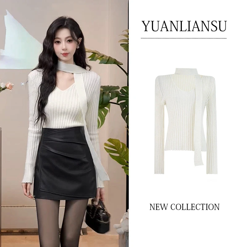 YUANLIANSU/圆脸酥【梦影記】法式复古挂脖飘带V领修身显瘦针织衫女
