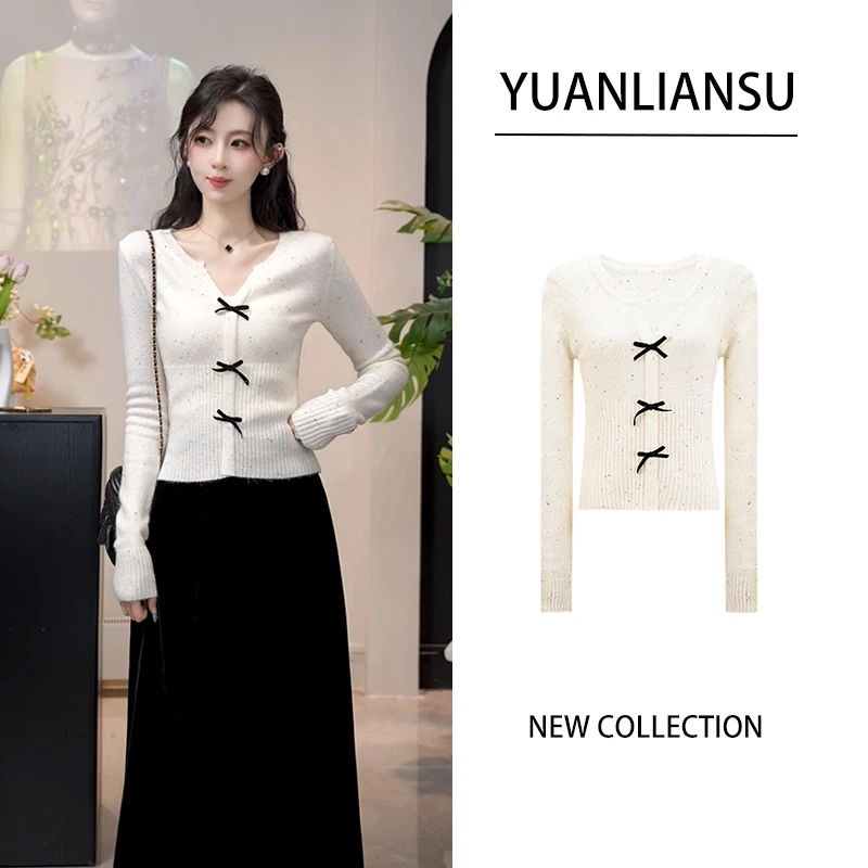 YUANLIANSU/圆脸酥【烟雨茉莉】时尚温柔风气质设计感蝴蝶结针织衫