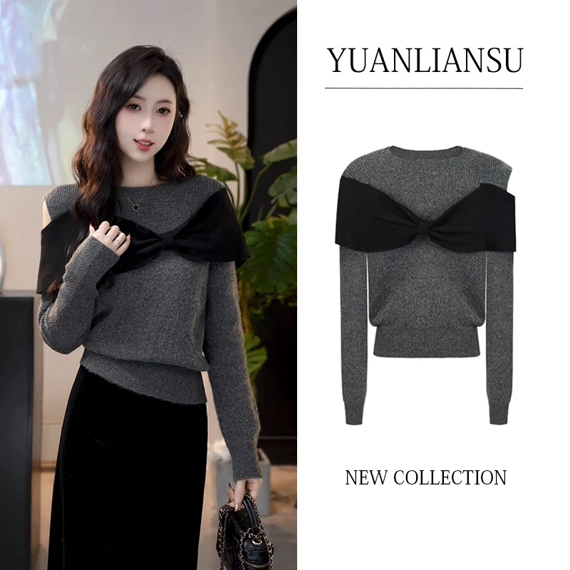 YUANLIANSU/圆脸酥【蝴蝶梦境】温柔气质风假两件拼接蝴蝶结毛衣女