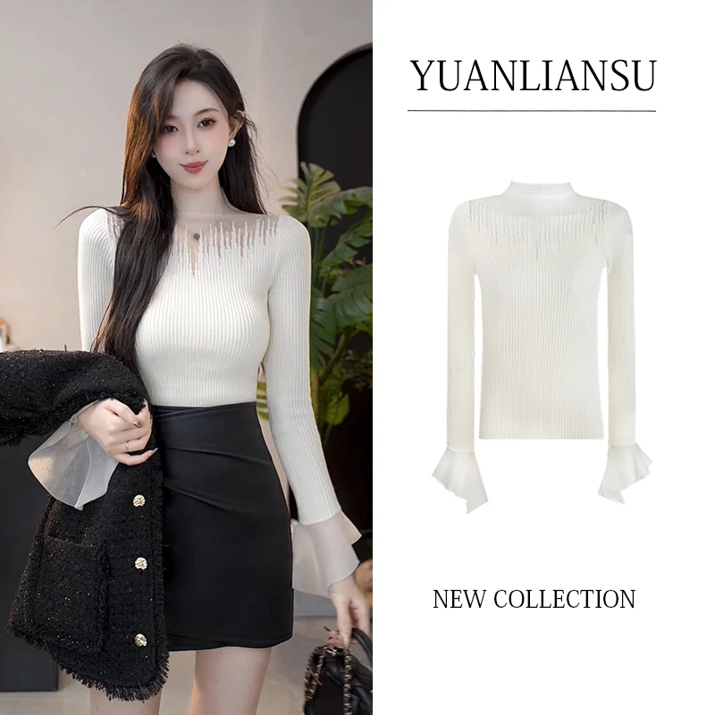 YUANLIANSU/圆脸酥【潇湘玉露】秋冬新款蕾丝不规则拼接修身针织衫