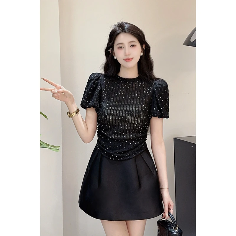 YUANLIANSU/圆脸酥【爱的魔力】时尚气质黑色修身薄款烫钻圆领T恤女