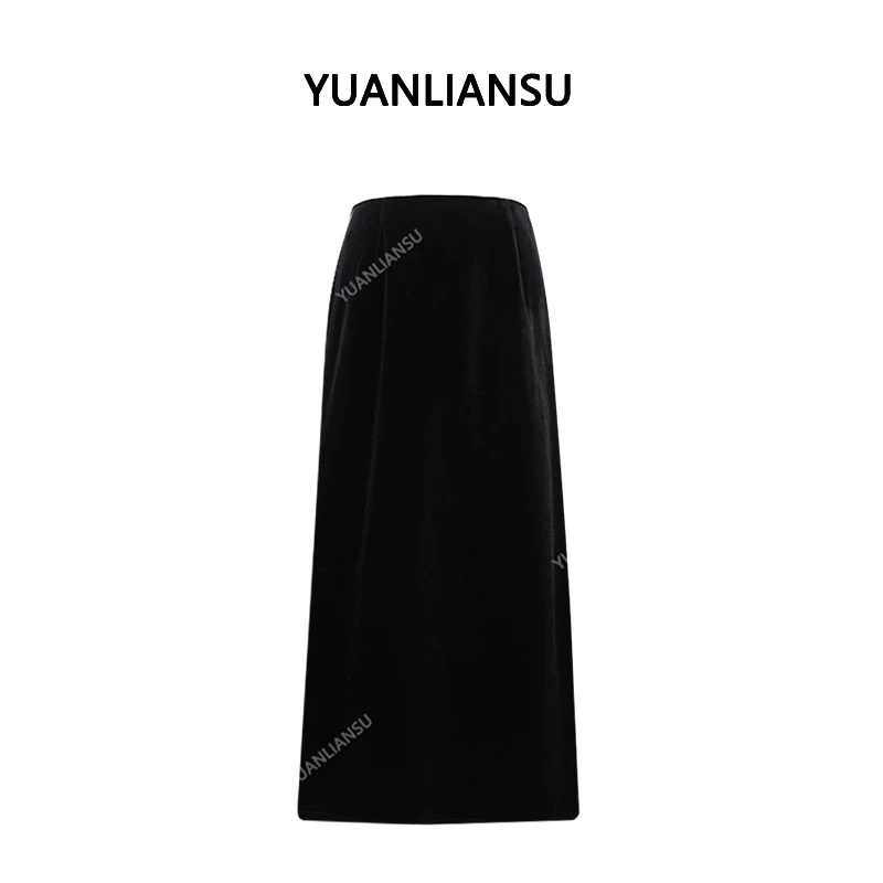 YUANLIANSU/圆脸酥【青苍】高级感黑色高腰显瘦中长款半身裙女Y164