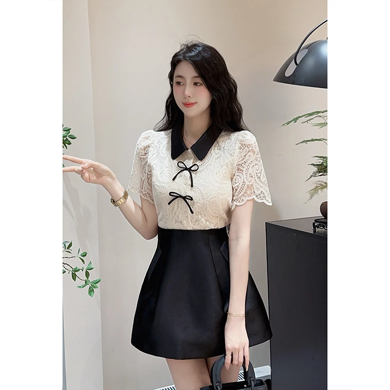 YUANLIANSU/圆脸酥【琉璃时光】小香风撞色翻领蝴蝶结亮片蕾丝衬衫