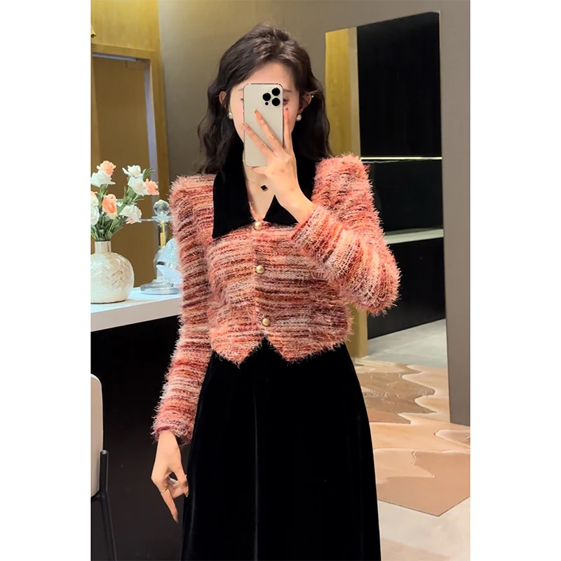 【雾花薄梦】秋冬温柔风撞色翻领设计感短款气质百搭长袖针织毛衣潮