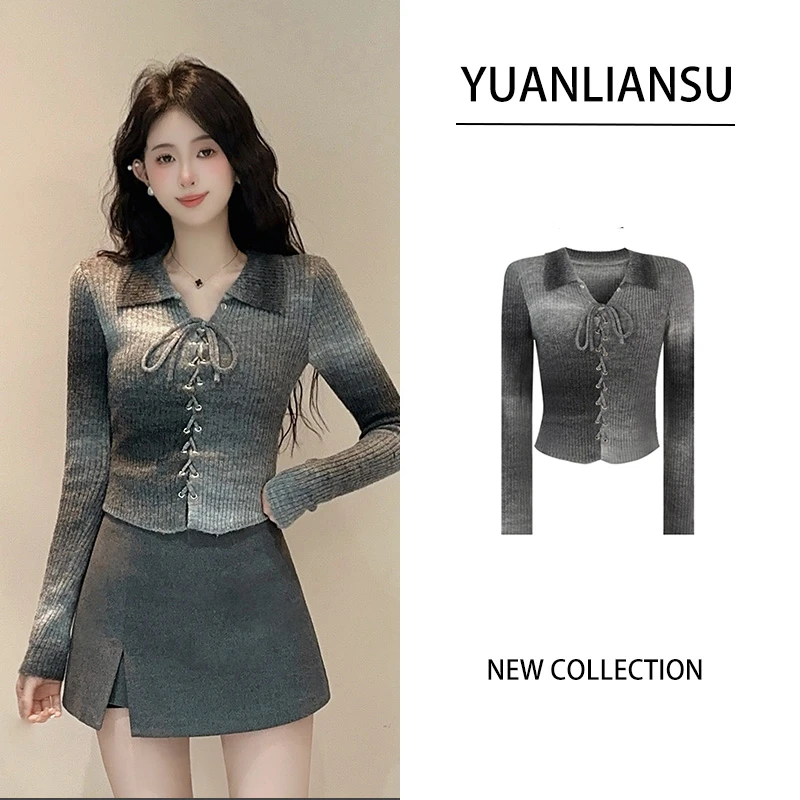 YUANLIANSU/圆脸酥【青苍】2024秋季新款渐变色长袖显瘦针织衫