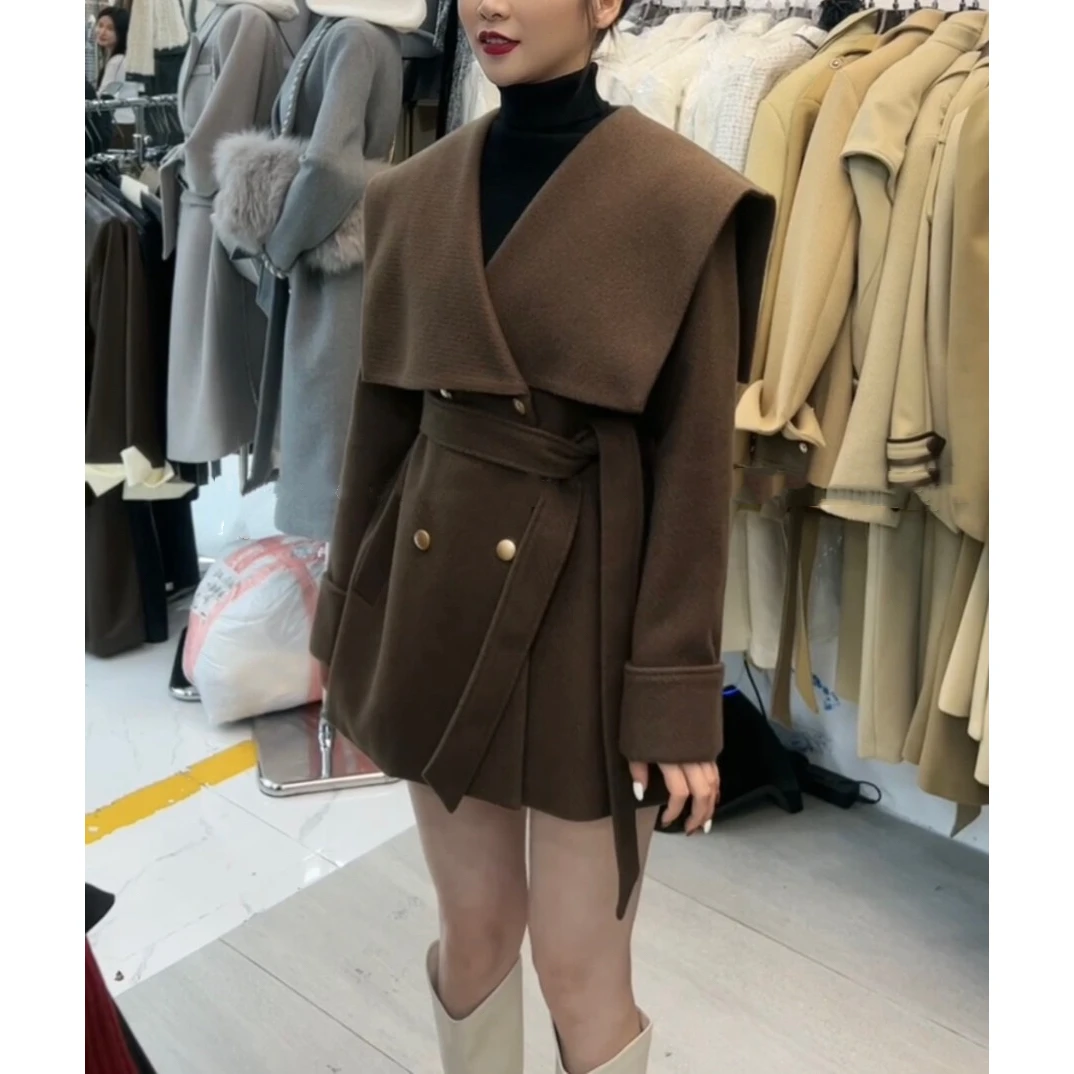 YUANLIANSU/圆脸酥【青苍】英伦风系腰翻领呢子大衣女短款外套1093