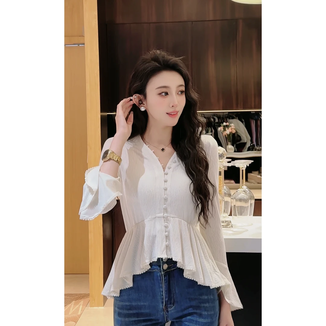 【现货】【柠檬海盐】法式气质V领修身显瘦长袖衬衫