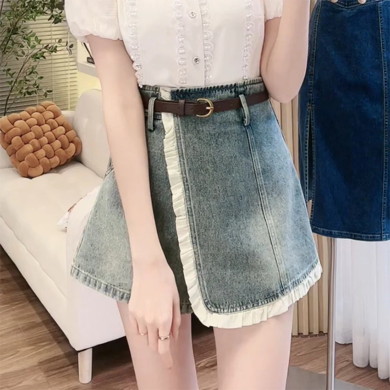 YUANLIANSU/圆脸酥复古木耳边牛仔短裤女高腰显瘦a字半身裙裤