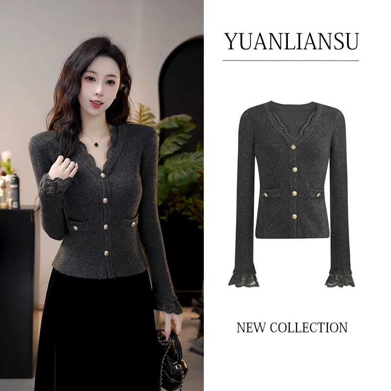 YUANLIANSU/圆脸酥【茶烟柔梦】小香风气质蕾丝拼接V领显瘦针织衫女