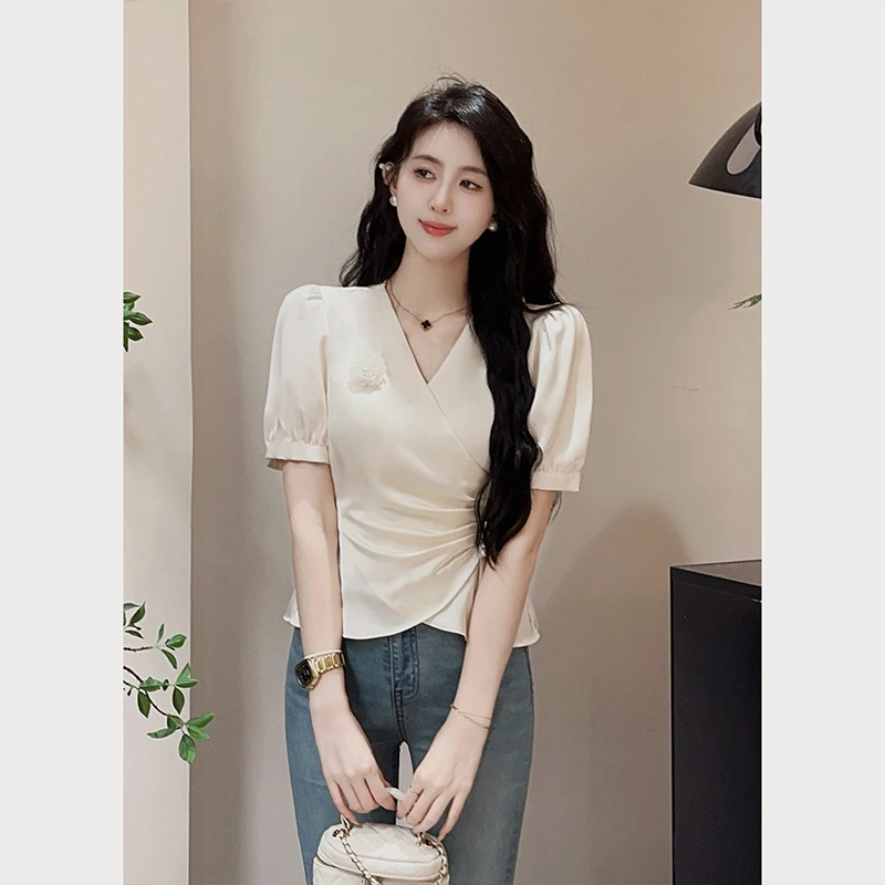 【现货】【流光溢彩】时尚洋气小香风V领收腰短袖衬衫女