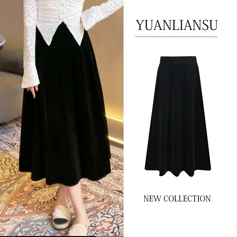 【现货】【梦寐少女】秋季新款高腰垂感A字复古过膝中长裙