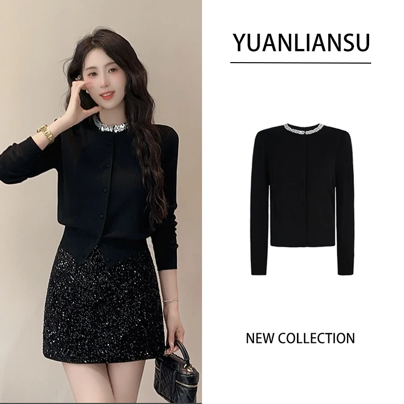 YUANLIANSU/圆脸酥【云里有鹤】法式小香风重工黑色圆领显瘦针织衫