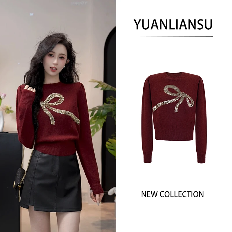 YUANLIANSU/圆脸酥【山茶枝城】秋季新款修身显瘦长袖圆脸针织毛衣
