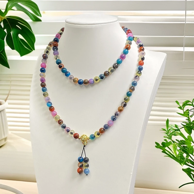 尺寸约8mm108颗天然正品玛瑙玉石七彩糖心项链