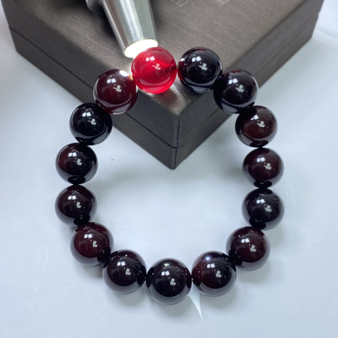 尺寸约14mm15颗天然正品玛瑙玉石黑金血离子手串男女同款