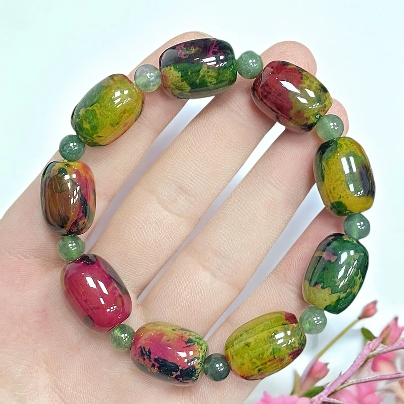 尺寸约17x13mm9颗天然正品玛瑙玉石七彩青龙花青药王石桶珠手串