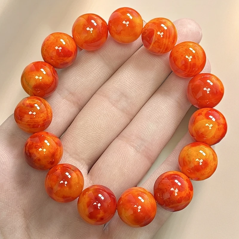 尺寸约14mm15颗天然正品玛瑙玉石藏红花手串男女同款