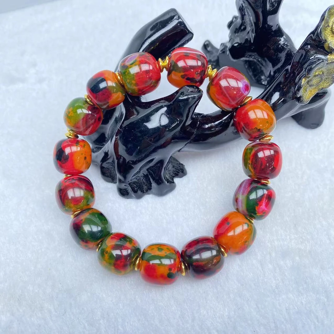 尺寸约14mm15颗七彩藏红花药王石老型珠玛瑙玉石手串