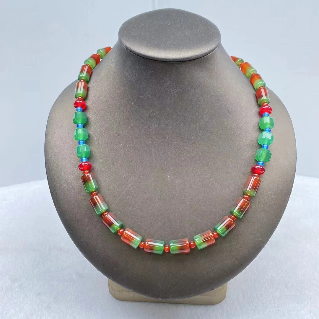 尺寸约8*11mm40颗盐源聚宝盆绿钻设计款玛瑙玉石项链