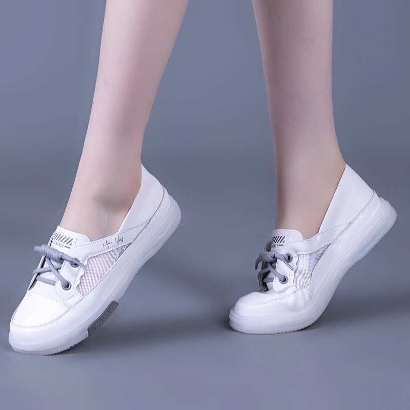 小白鞋2024新款夏季百搭凉鞋真皮软底网鞋女透气网面一脚蹬平底鞋