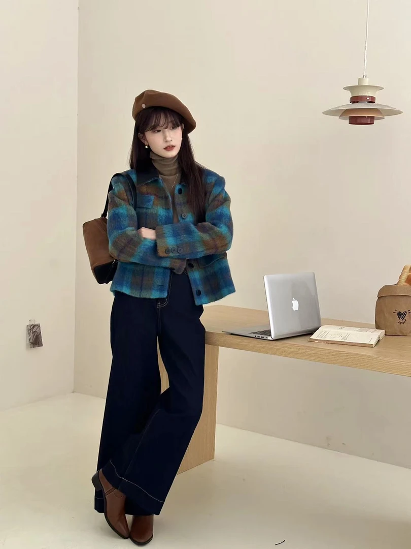 b-736洋气气质时尚休闲百搭格子短款外套秋冬女士翻领小香风格纹