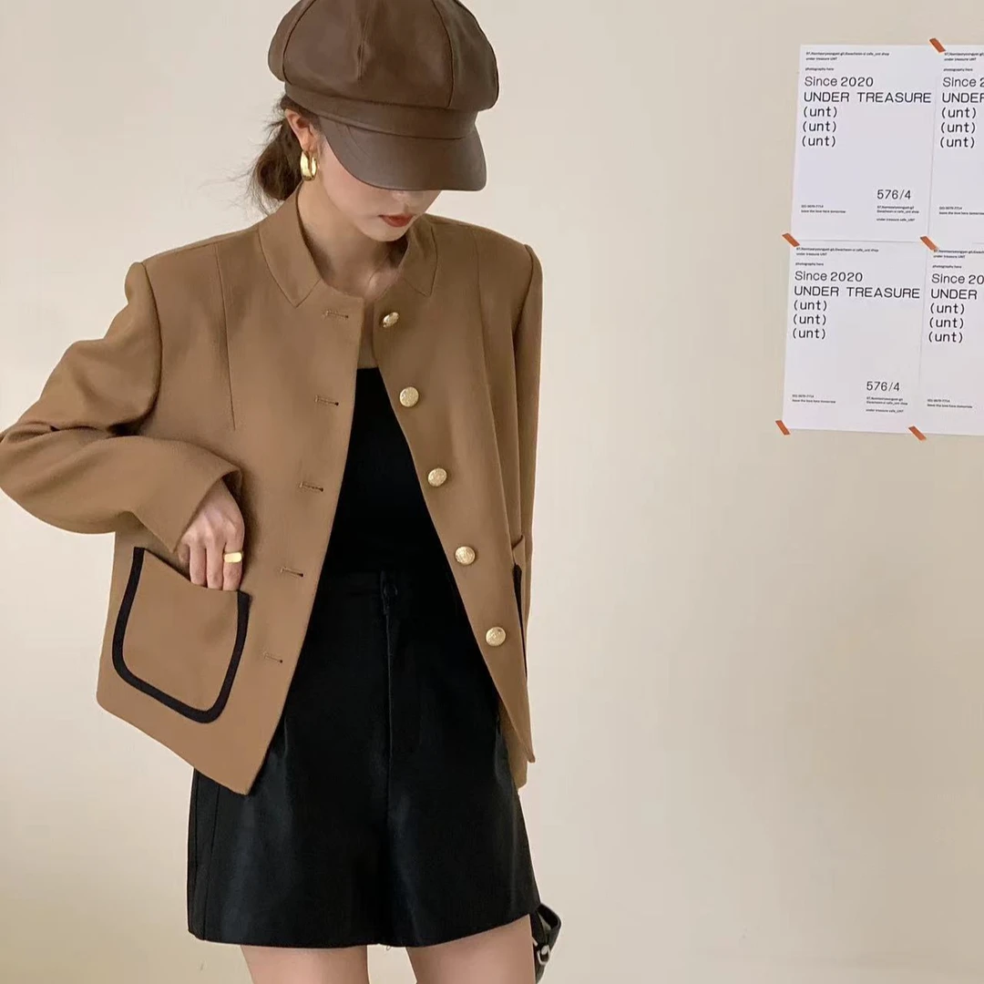 A-308春季新品精纺立领气质长袖时尚百搭显瘦洋气设计感短款外套